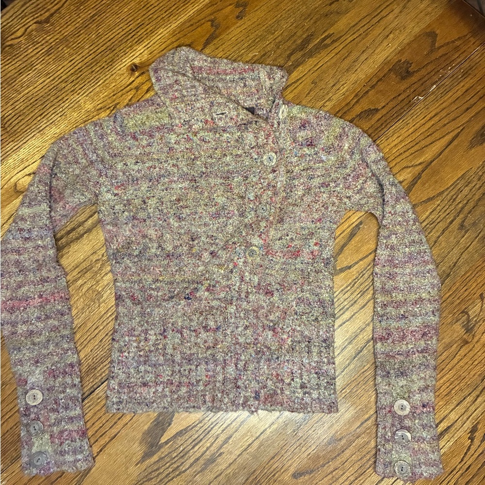 BKE Denim Womens Multicolor Bouclé Asymmetric Button‎ Funnel Neck Sweater Small